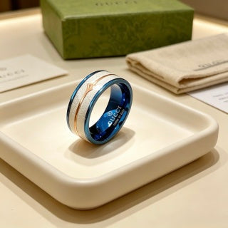 Gucci GG Blue Ceramic Silver Edge Band Ring
